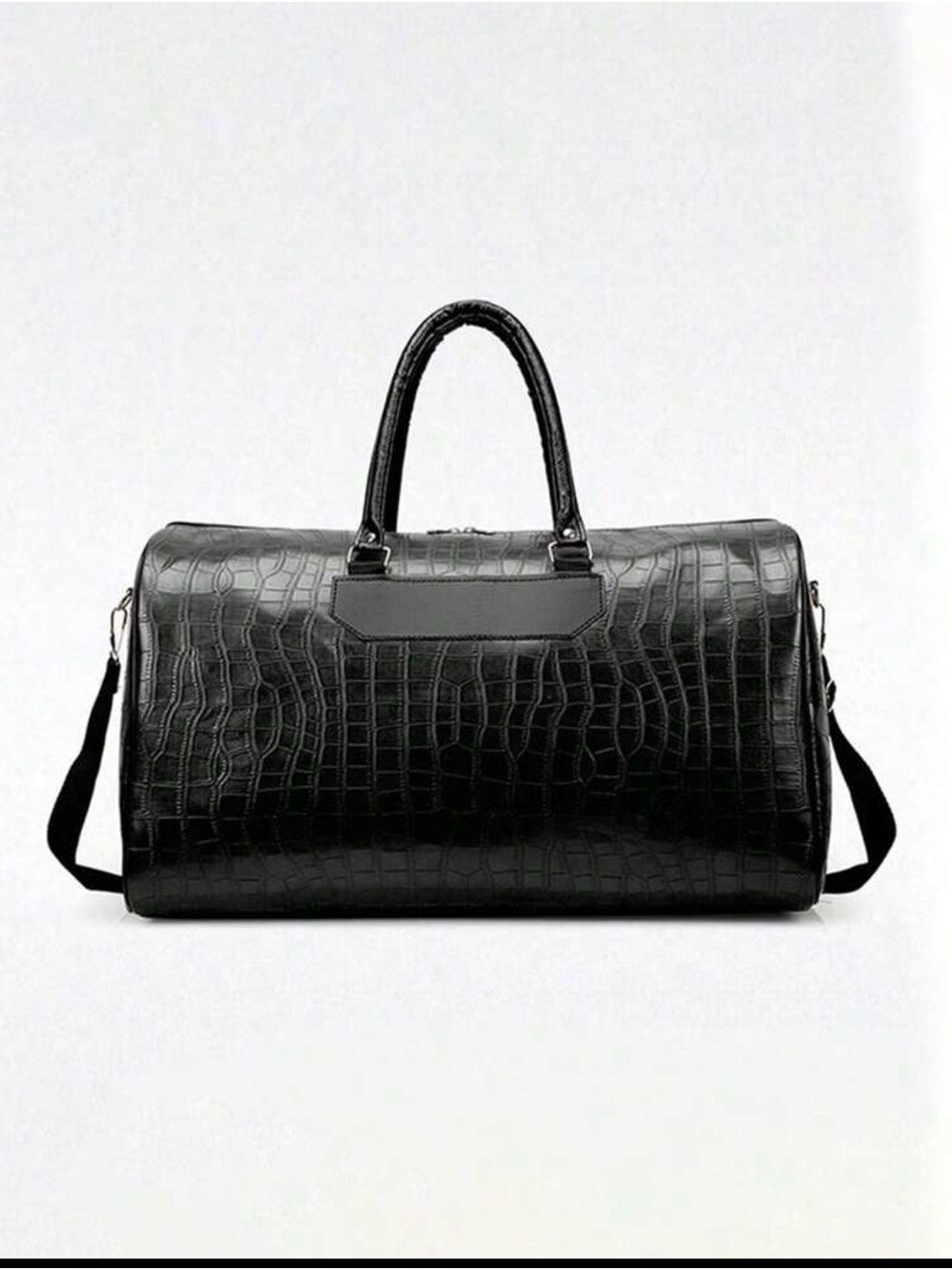 Black Croc-Embossed Duffel Bag with Detachable Strap